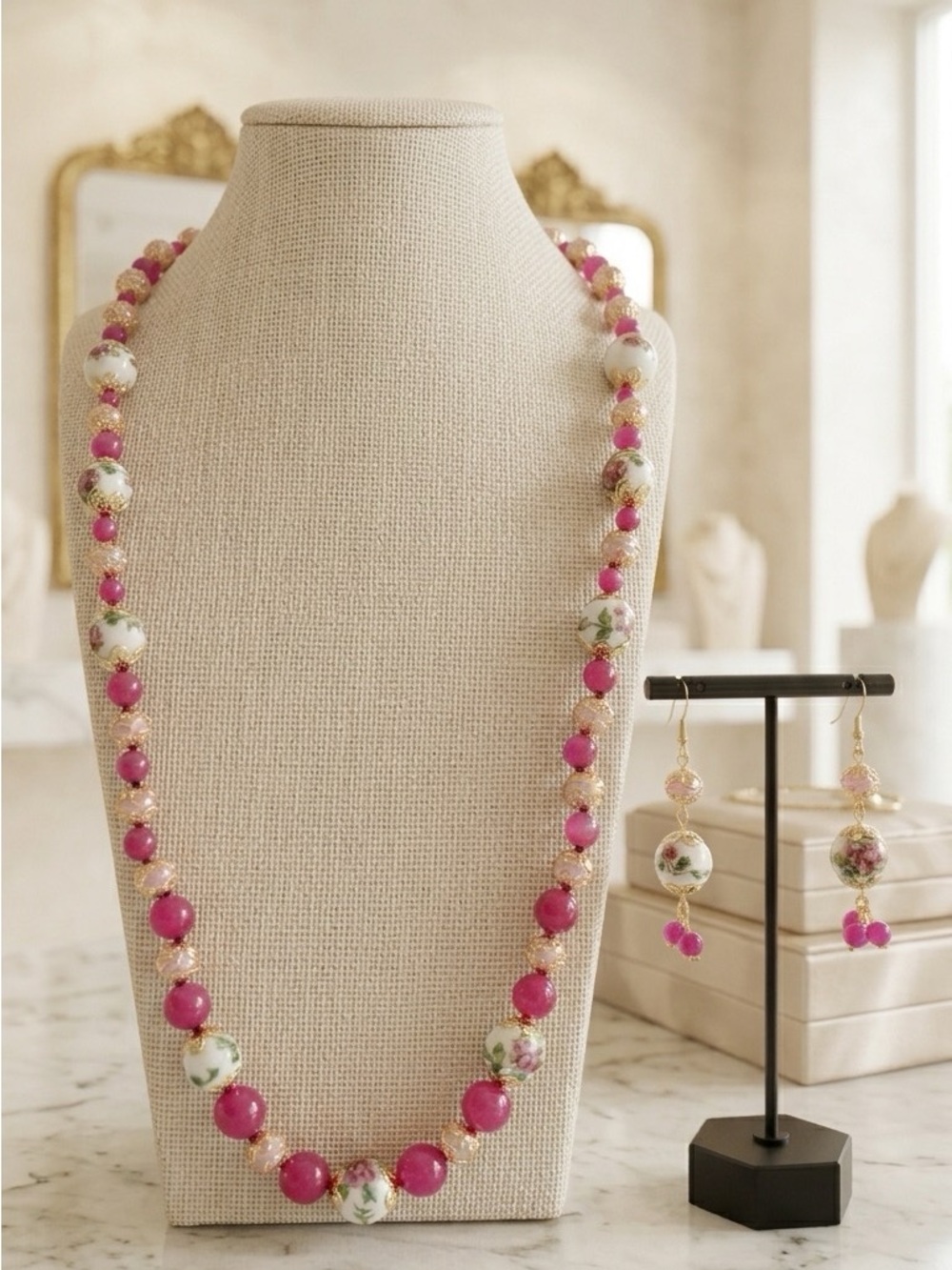 Dyed Pink Jade, Vintage Painted Ceramic Floral Beaded Necklace and Earrings Set